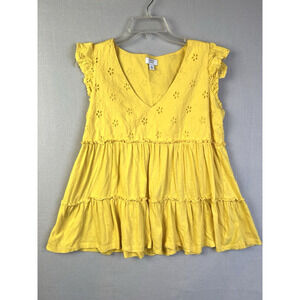 Crown & Ivy Babyboll Top Women Small Yellow Ruffles Eyelet Prairie Coquette